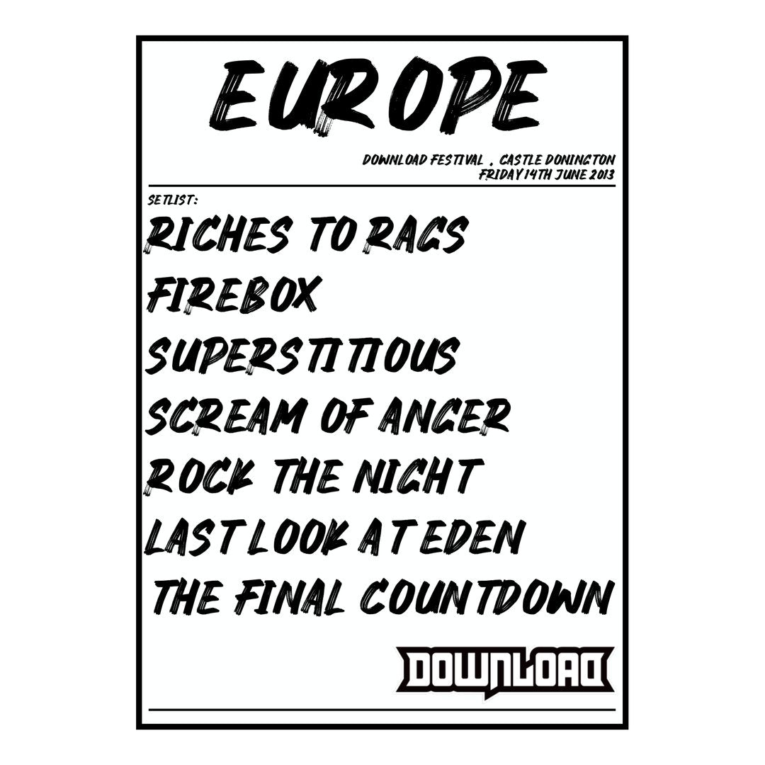 Europe Castle Donington 14th June 2013 Setlist poster
