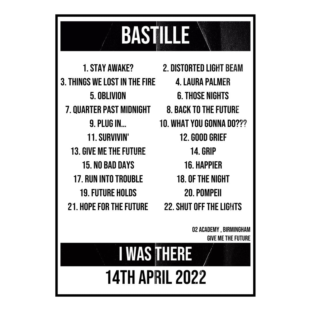 Bastille Birmingham 14th April 2022 Setlist poster