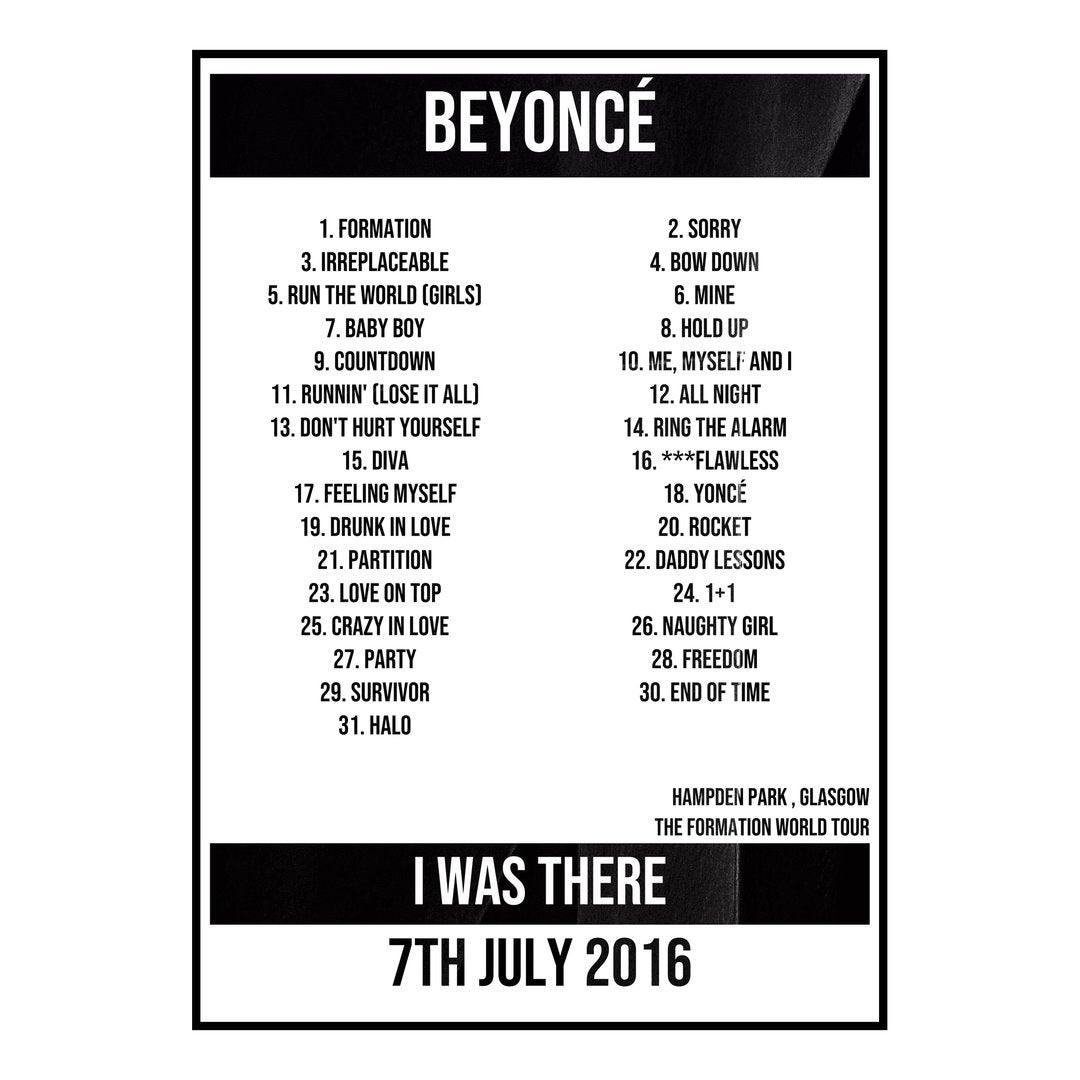 Beyoncé Glasgow 7th July 2016 Setlist poster