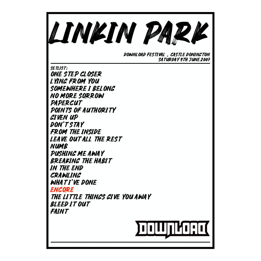 Linkin Park Castle Donington 9th June 2007 Setlist poster