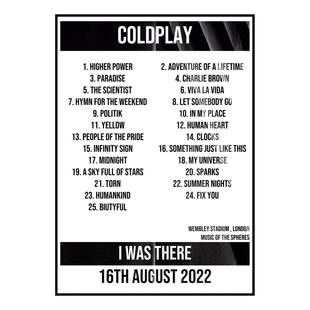 Coldplay London 16th August 2022 Setlist poster
