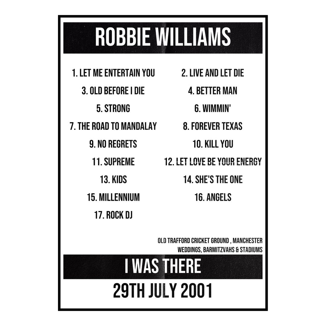 Robbie Williams Manchester 29th July 2001 Setlist poster
