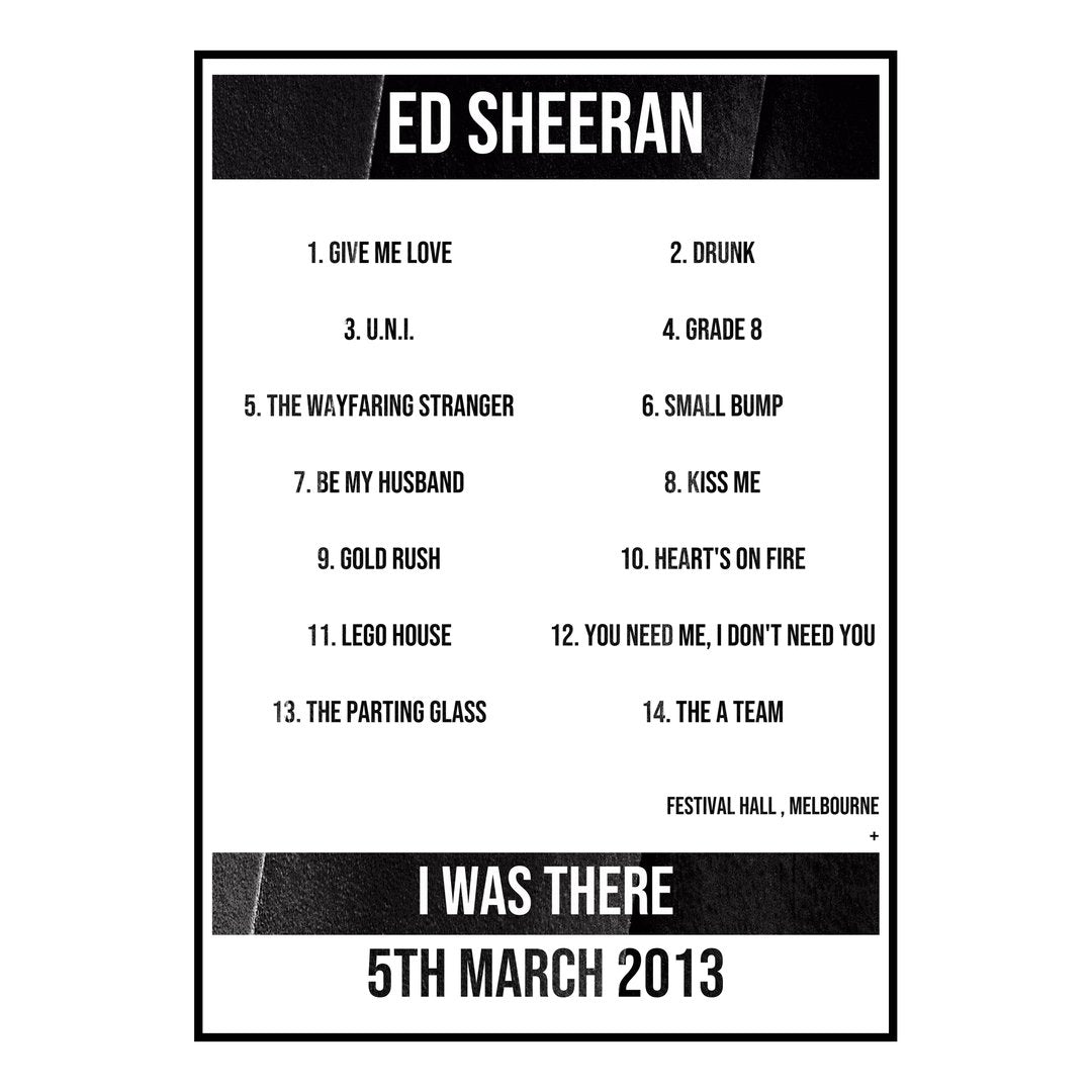 Ed Sheeran Melbourne 5th March 2013 Setlist poster