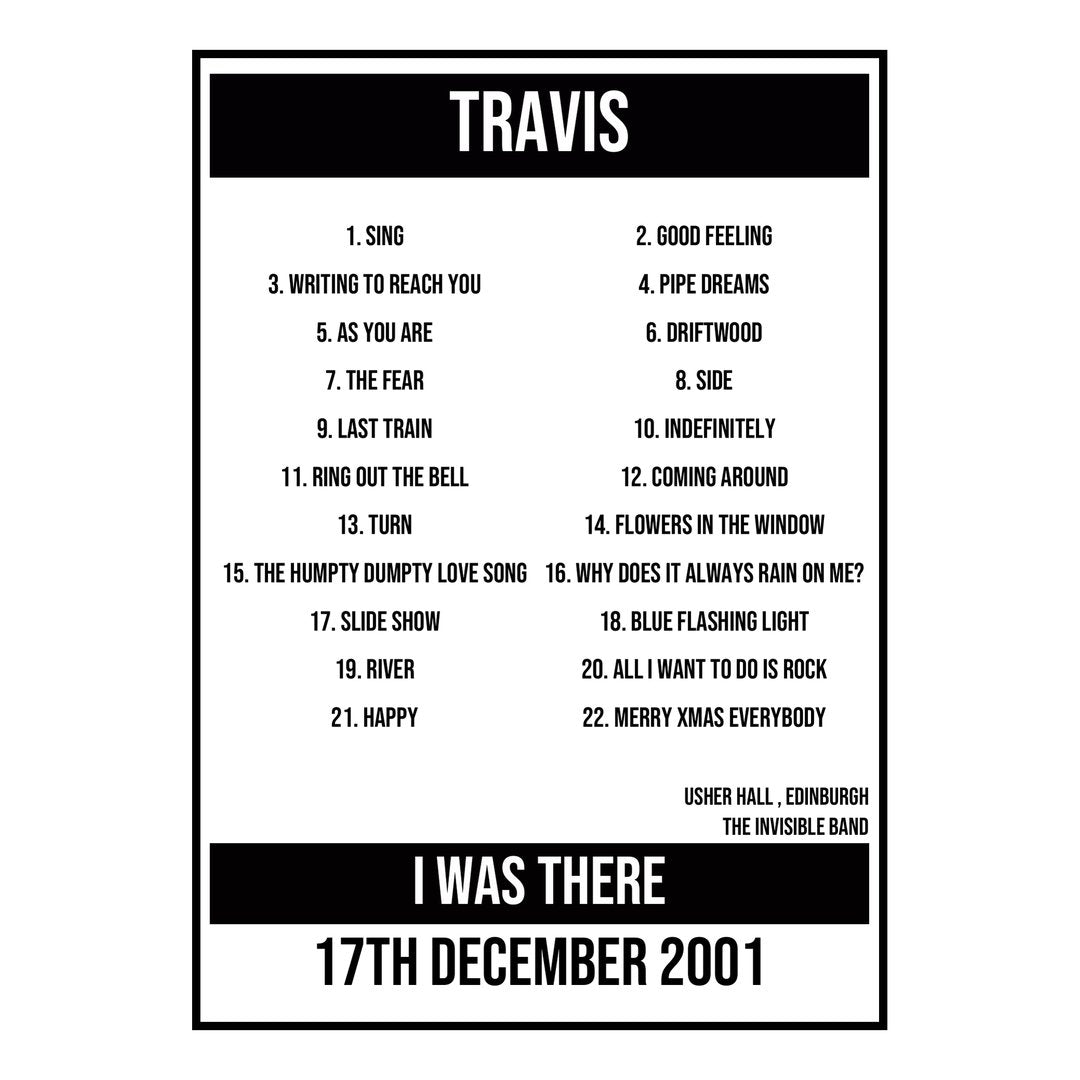 A Setlist Poster Featuring Travis Gig from Edinburgh in 2001