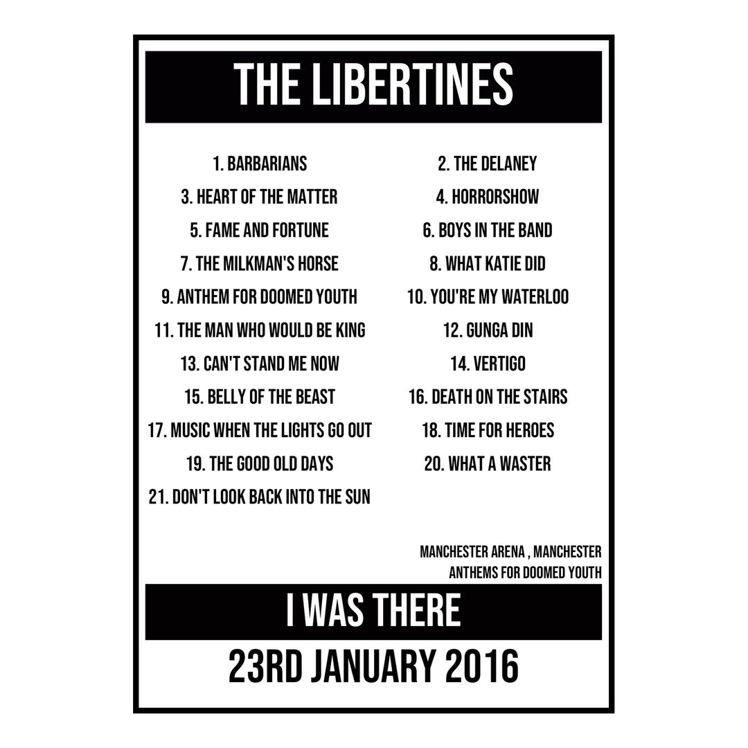 A Setlist Poster Featuring The Libertines Gig from Manchester in 2016