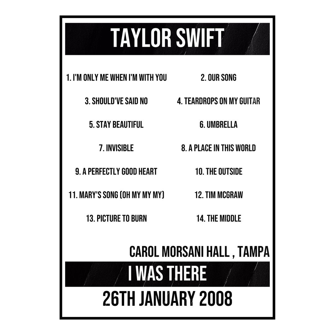 Taylor Swift Tampa 26th January 2008 Setlist poster
