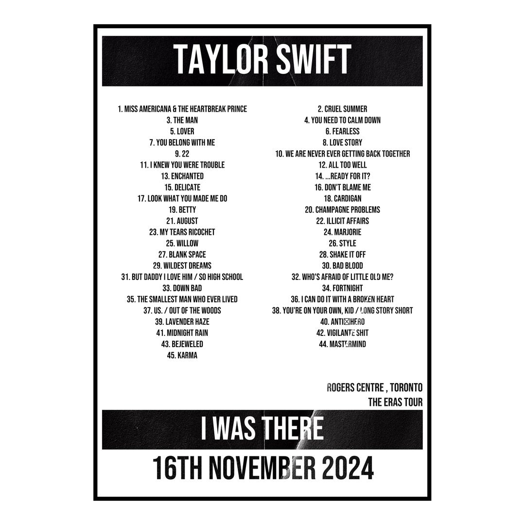 Taylor Swift Toronto 16th November 2024 Setlist poster
