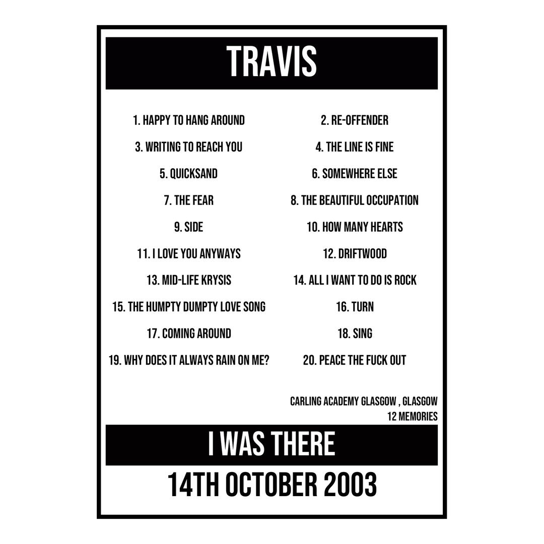 A Setlist Poster Featuring Travis Gig from Glasgow in 2003