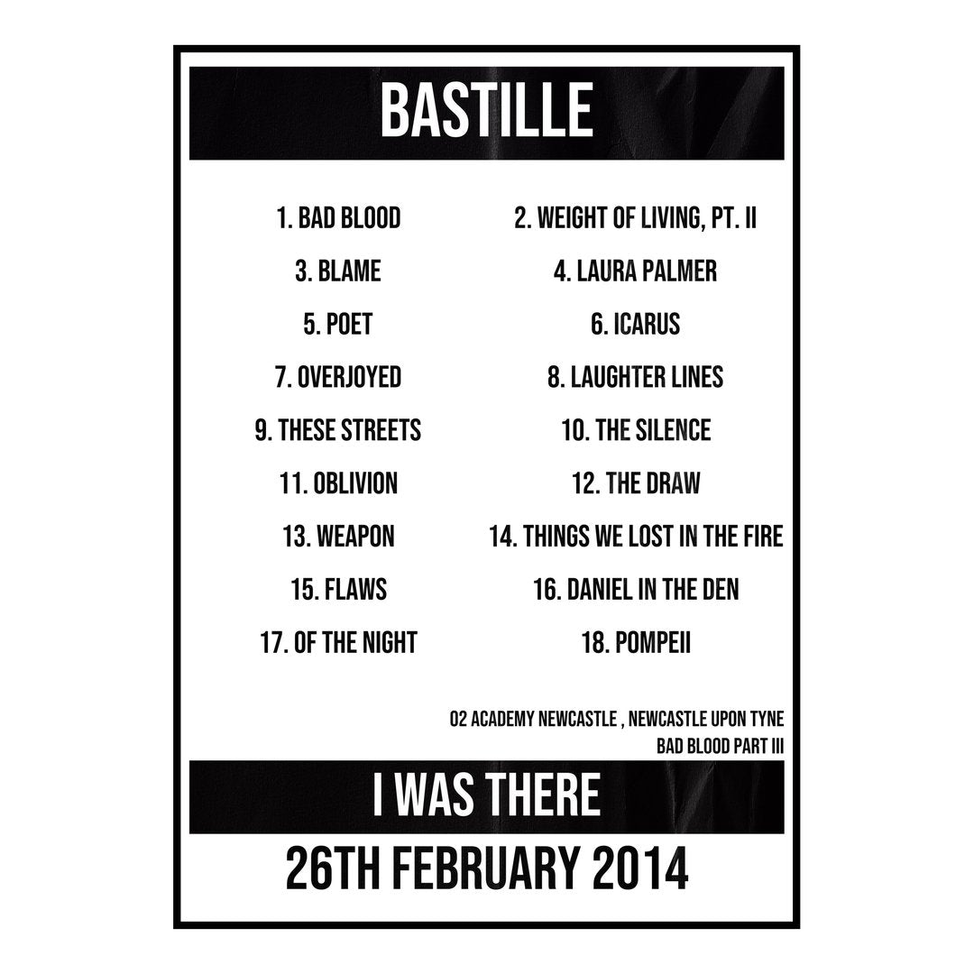 Bastille Newcastle upon Tyne 26th February 2014 Setlist poster