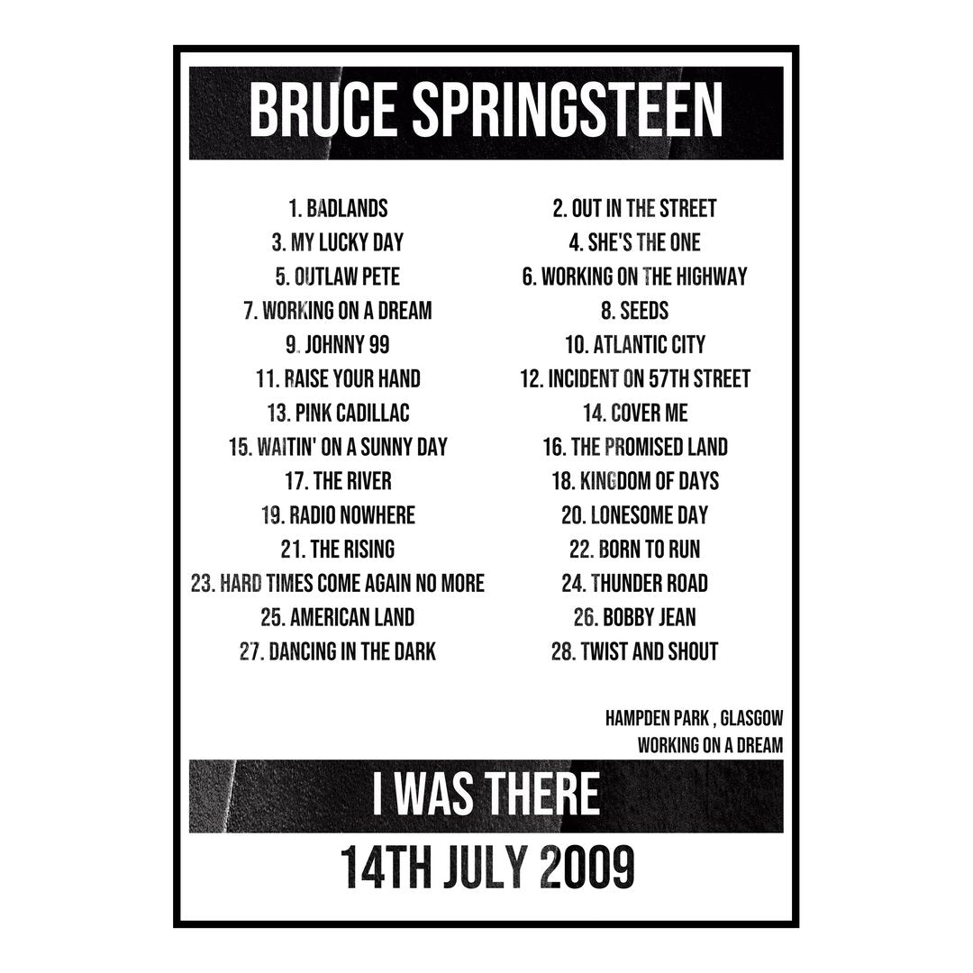 Bruce Springsteen Glasgow 14th July 2009 Setlist poster