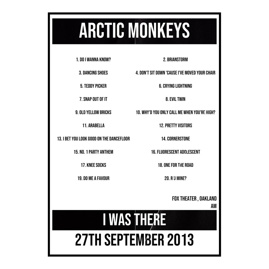 Arctic Monkeys Oakland 27th September 2013 Setlist poster