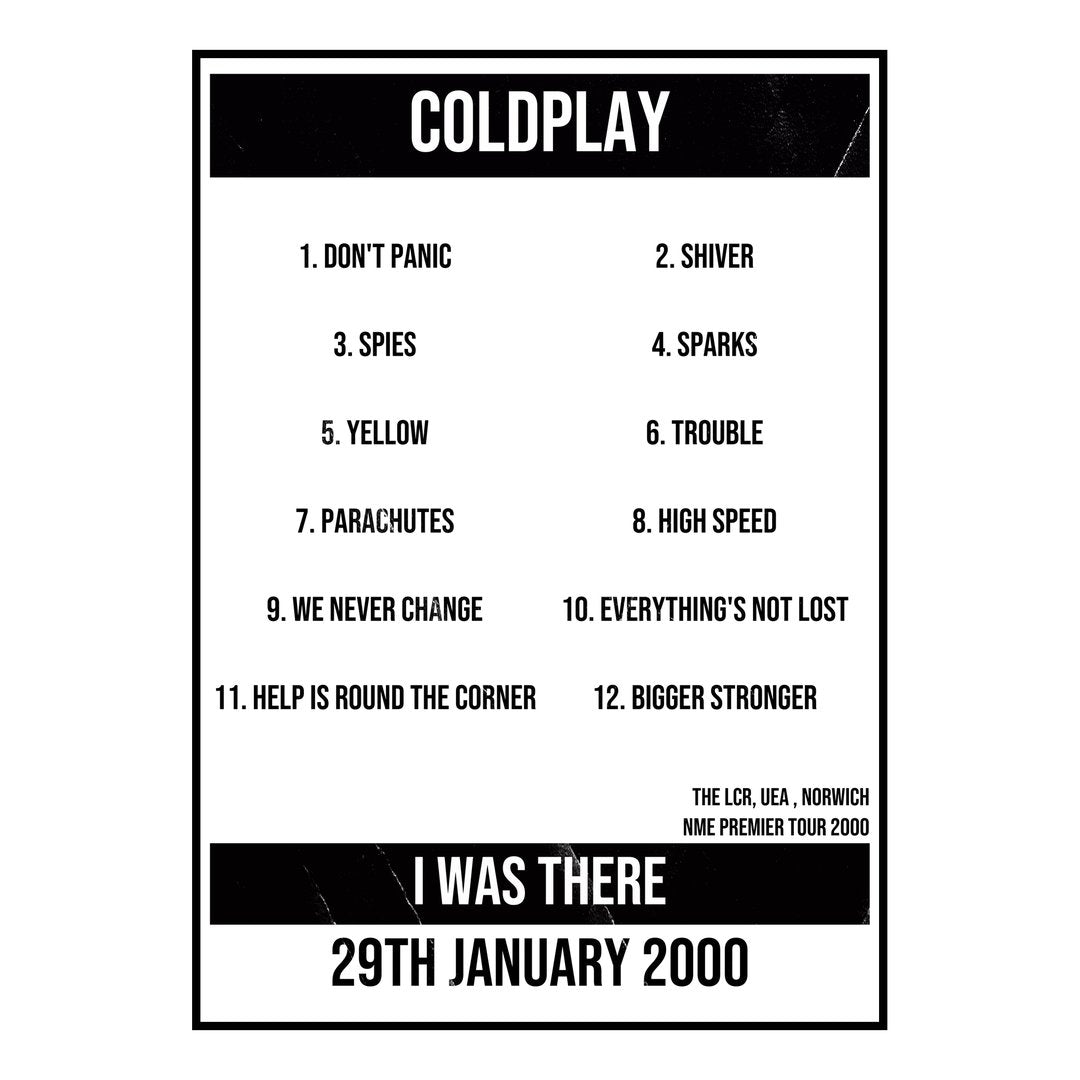 Coldplay Norwich 29th January 2000 Setlist poster