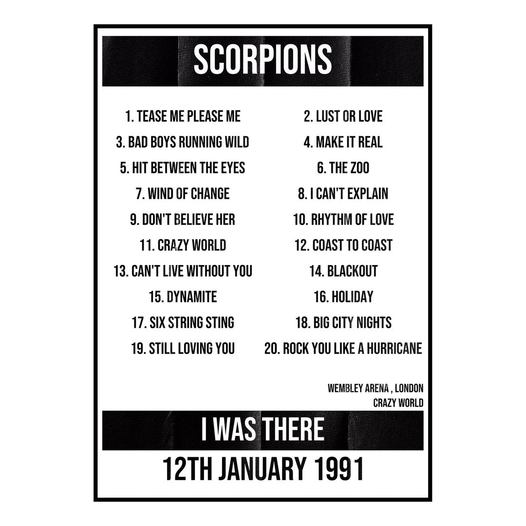 Scorpions London 12th January 1991 Setlist poster