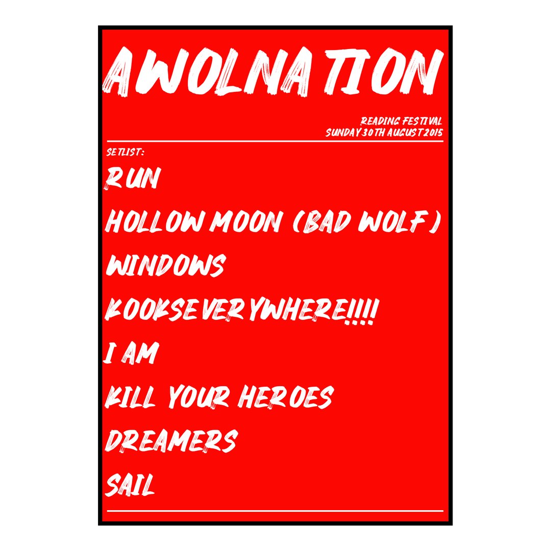 AWOLNATION Reading 30th August 2015 Setlist poster