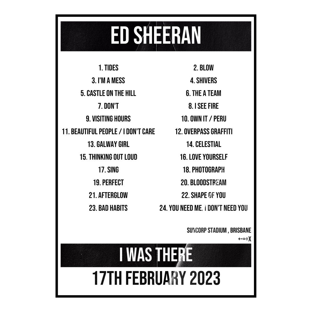 Ed Sheeran Brisbane 17th February 2023 Setlist poster