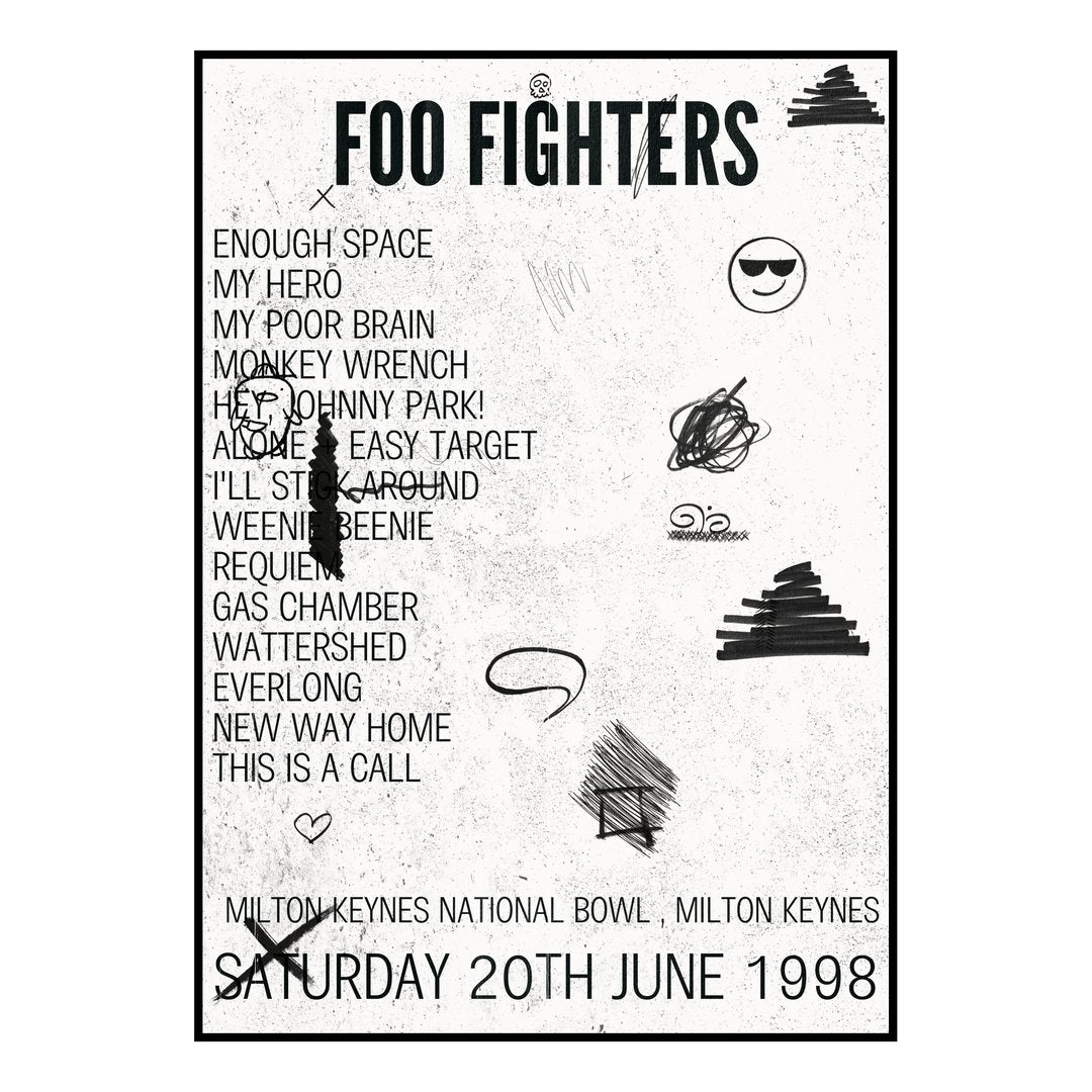 Foo Fighters Milton Keynes 20th June 1998 Setlist poster