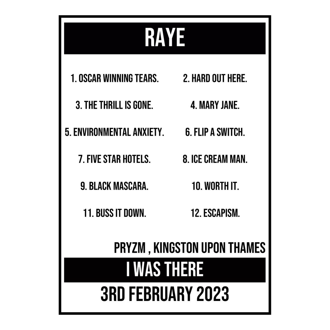 A Setlist Poster Featuring RAYE Gig from Kingston upon Thames in 2023