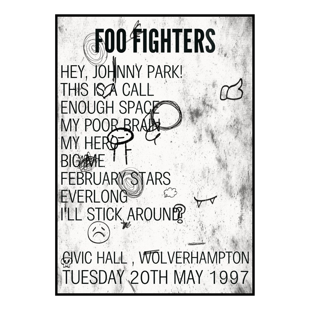 Foo Fighters Wolverhampton 20th May 1997 Setlist poster