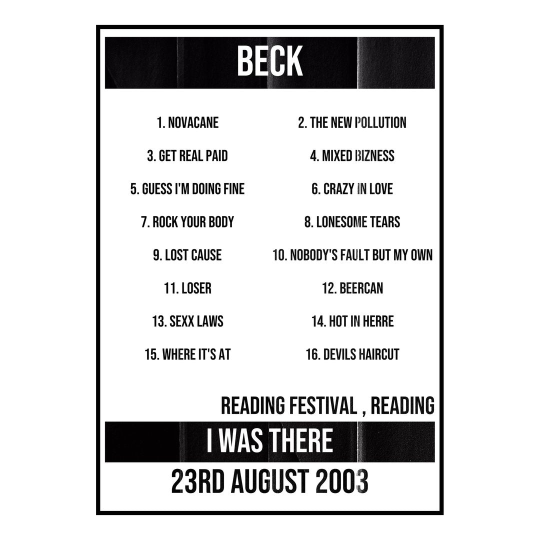 Beck Reading 23rd August 2003 Setlist poster
