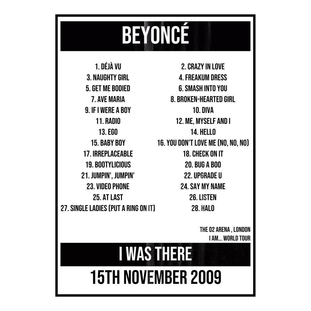Beyoncé London 15th November 2009 Setlist poster