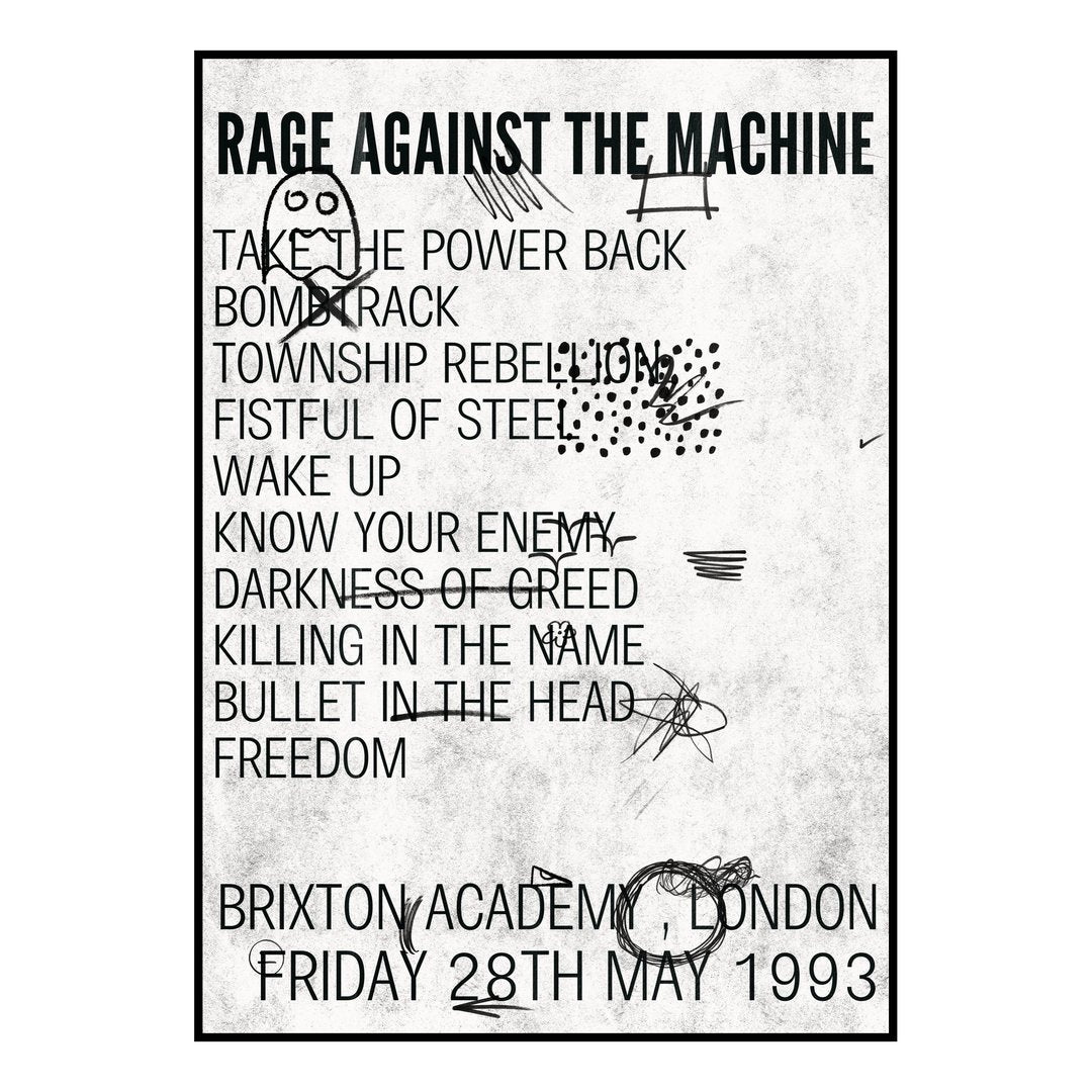 Rage Against the Machine London 28th May 1993 Setlist poster