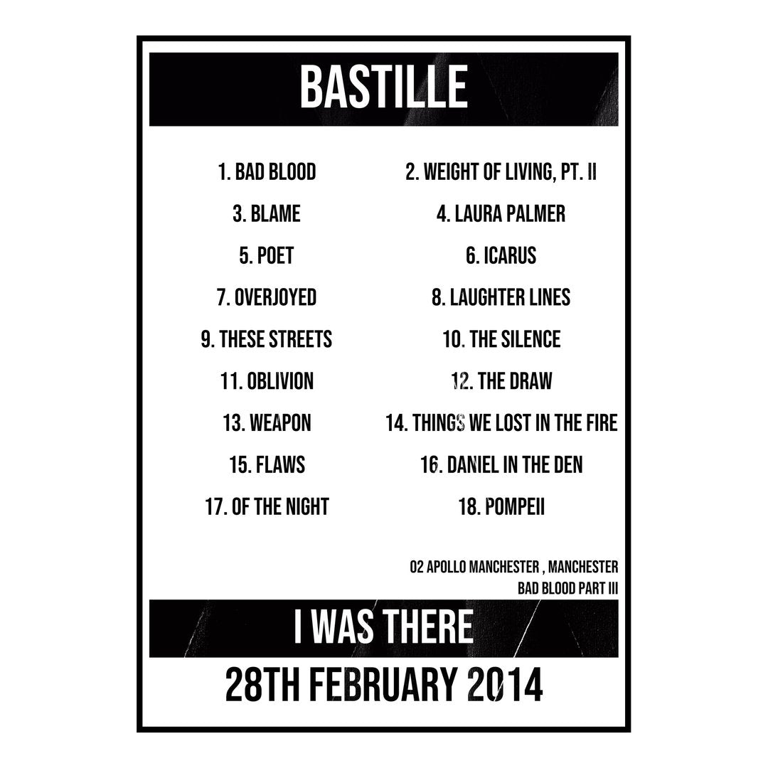 Bastille Manchester 28th February 2014 Setlist poster