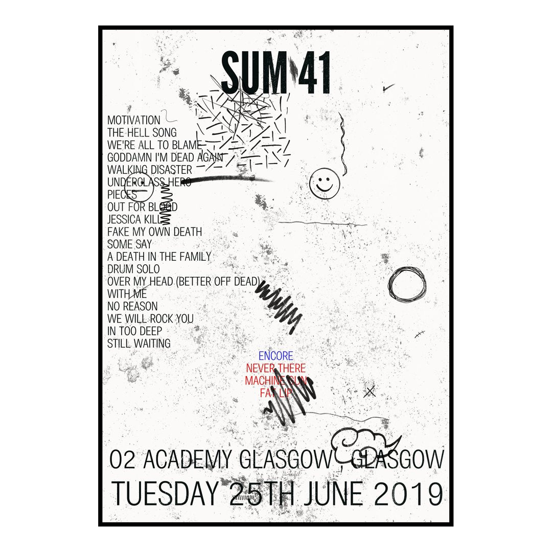 Sum 41 Glasgow 25th June 2019 Setlist poster