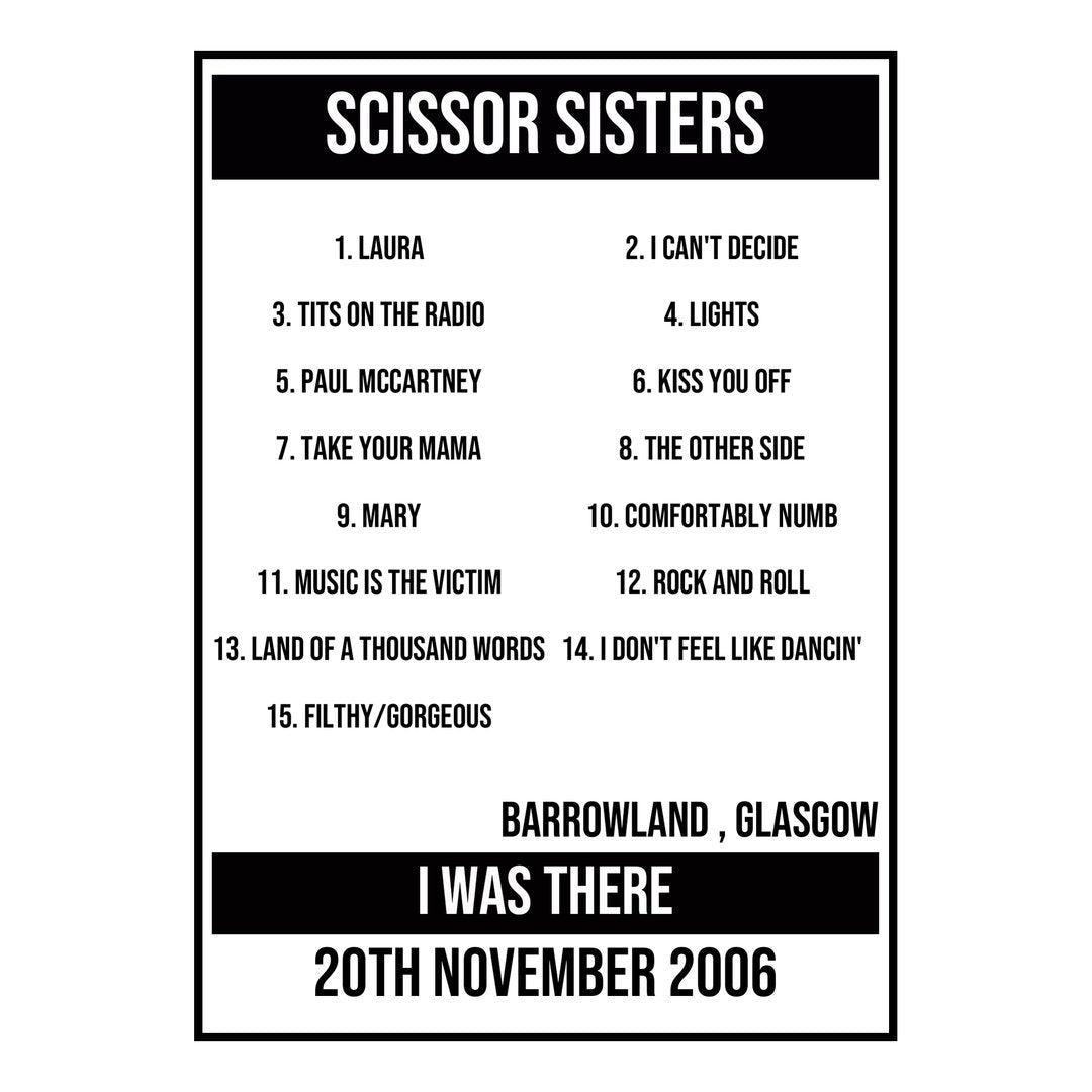 A Setlist Poster Featuring Scissor Sisters Gig from Glasgow in 2006
