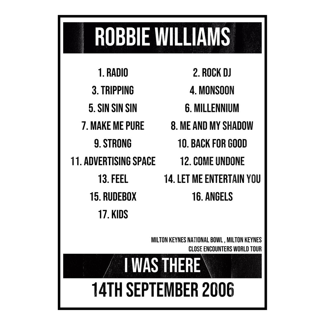 Robbie Williams Milton Keynes 14th September 2006 Setlist poster