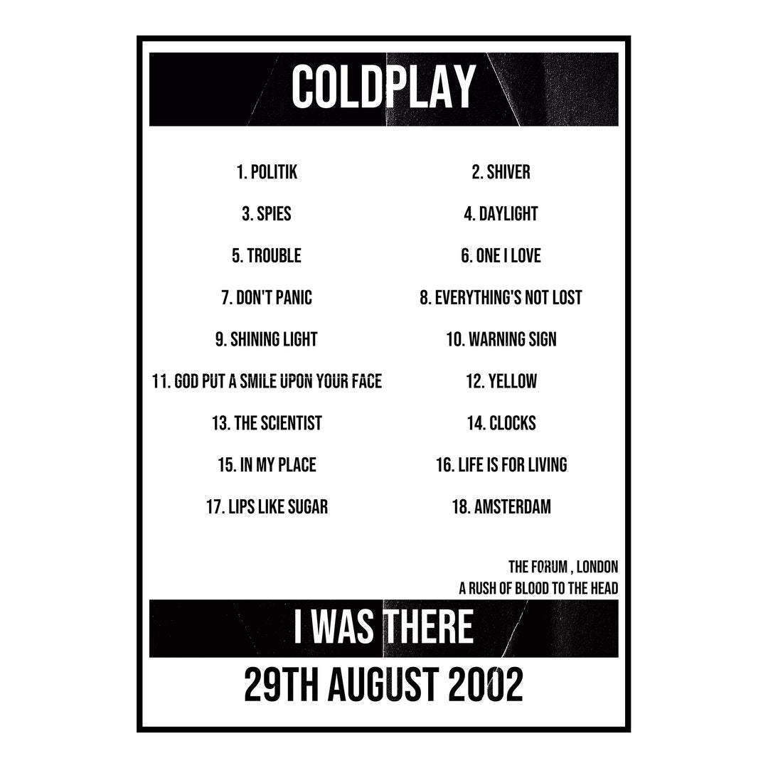 Coldplay London 29th August 2002 Setlist poster