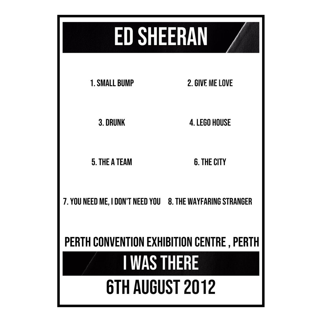 Ed Sheeran Perth 6th August 2012 Setlist poster