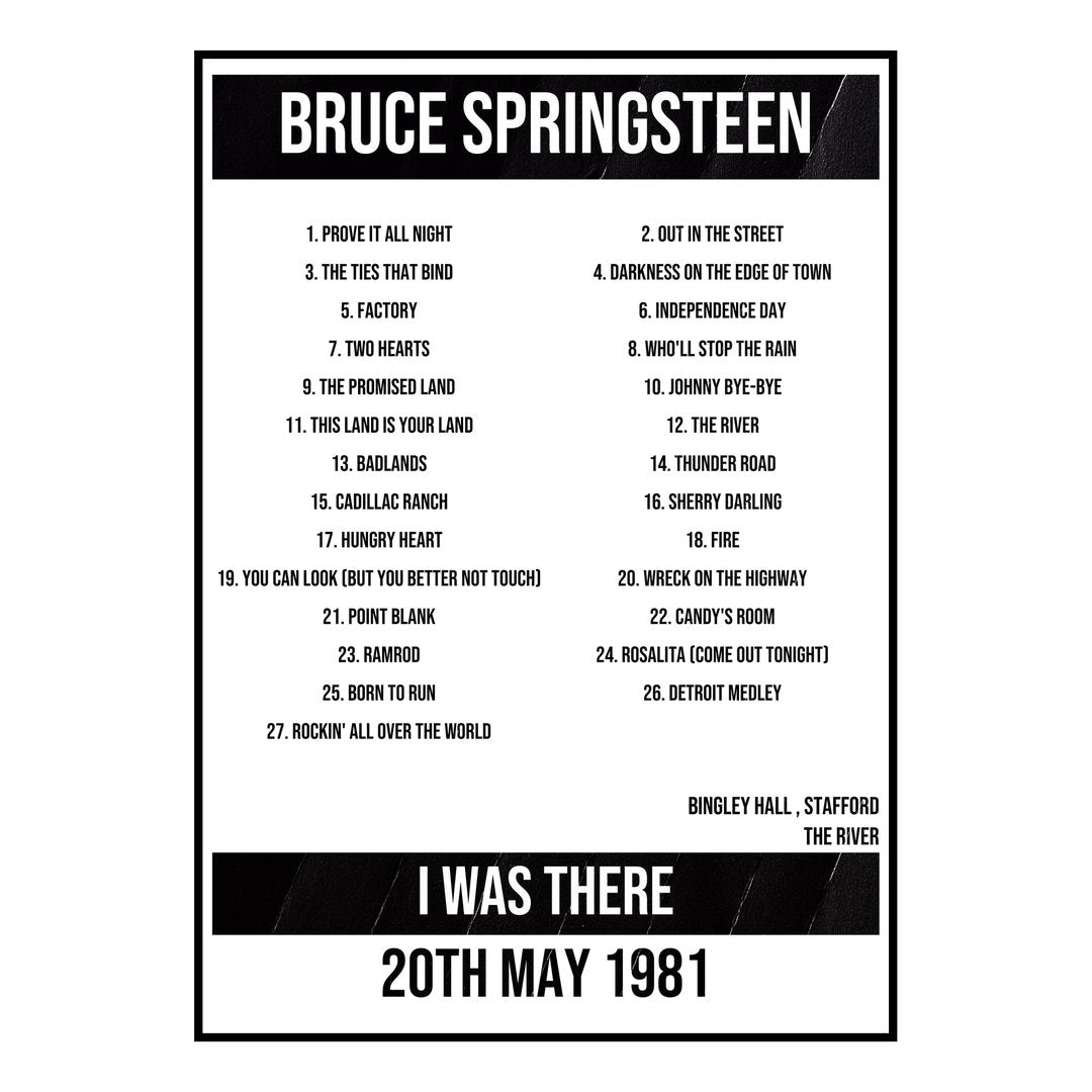 Bruce Springsteen Stafford 20th May 1981 Setlist poster