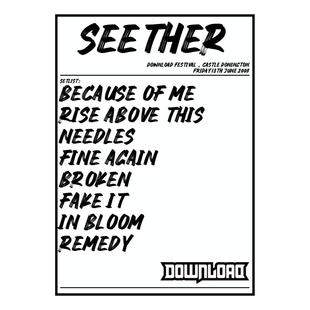 Seether Castle Donington 13th June 2008 Setlist poster