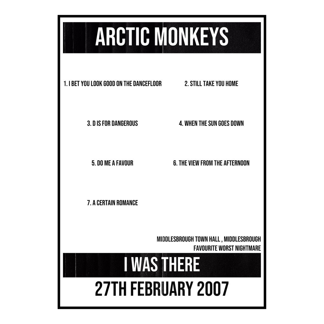Arctic Monkeys Middlesbrough 27th February 2007 Setlist poster