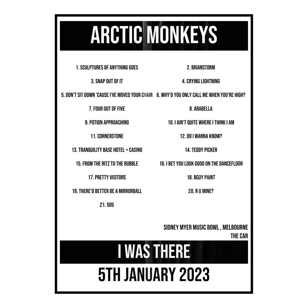 Arctic Monkeys Melbourne 5th January 2023 Setlist poster
