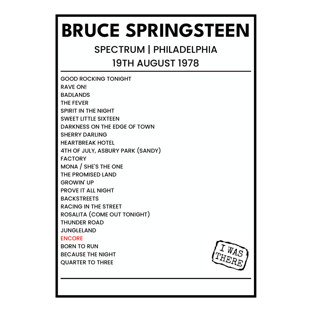 Bruce Springsteen Philadelphia 19th August 1978 Setlist poster