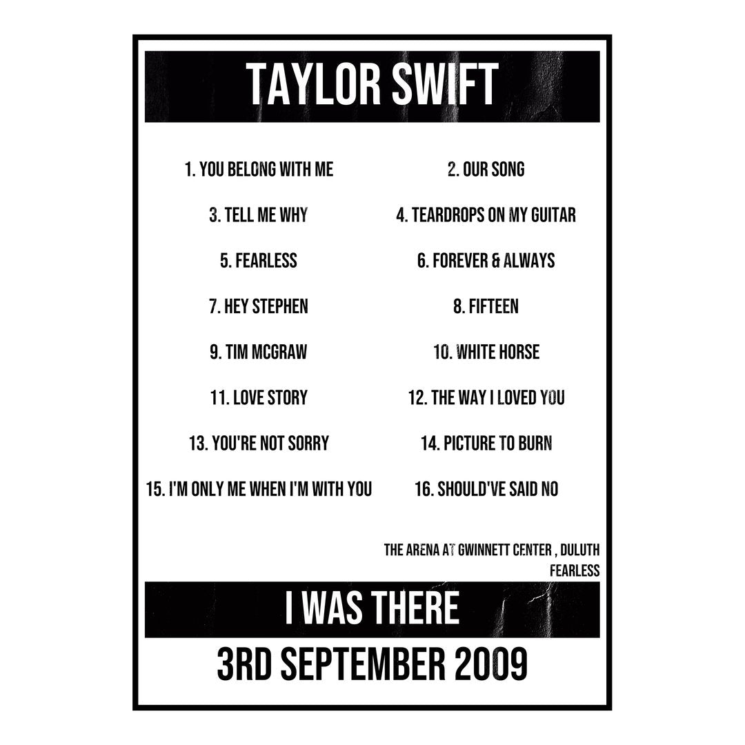 Taylor Swift Duluth 3rd September 2009 Setlist poster