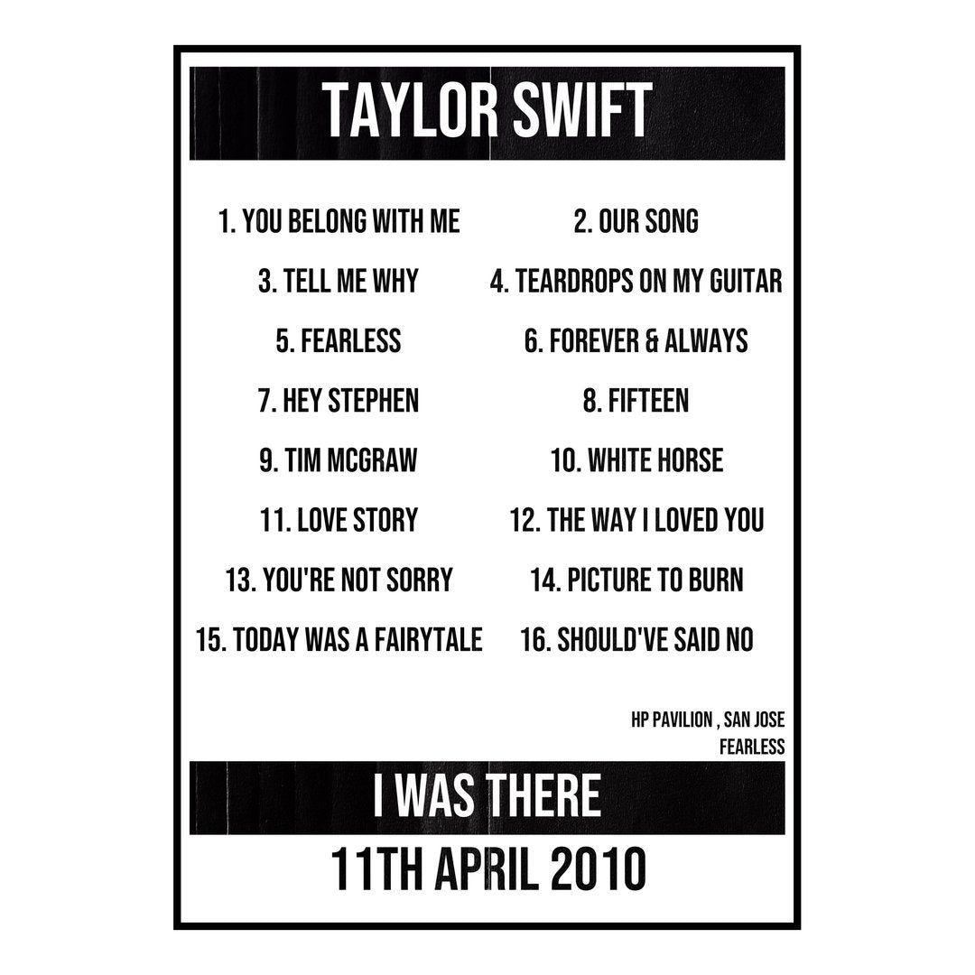 Taylor Swift San Jose 11th April 2010 Setlist poster