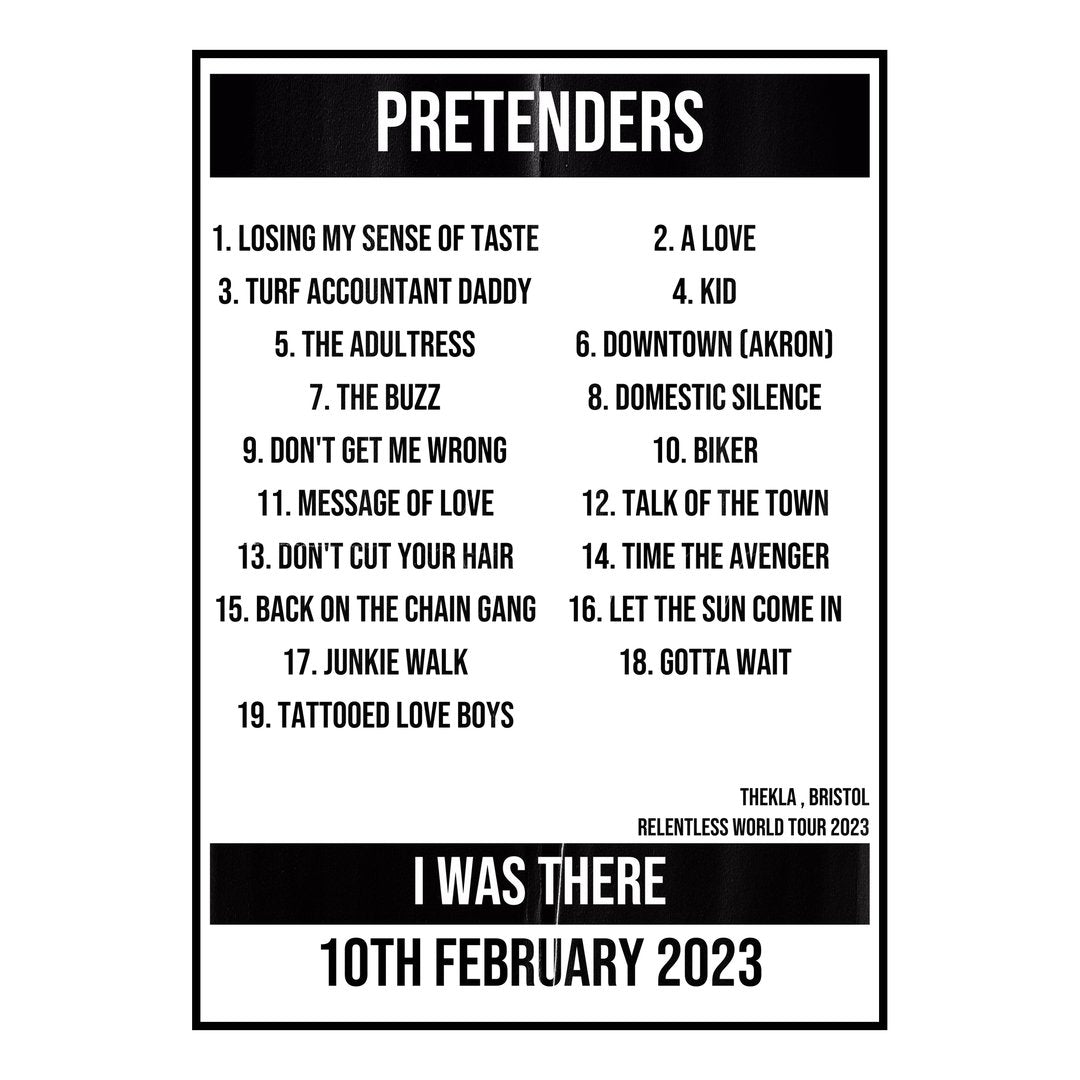 Pretenders Bristol 10th February 2023 Setlist poster