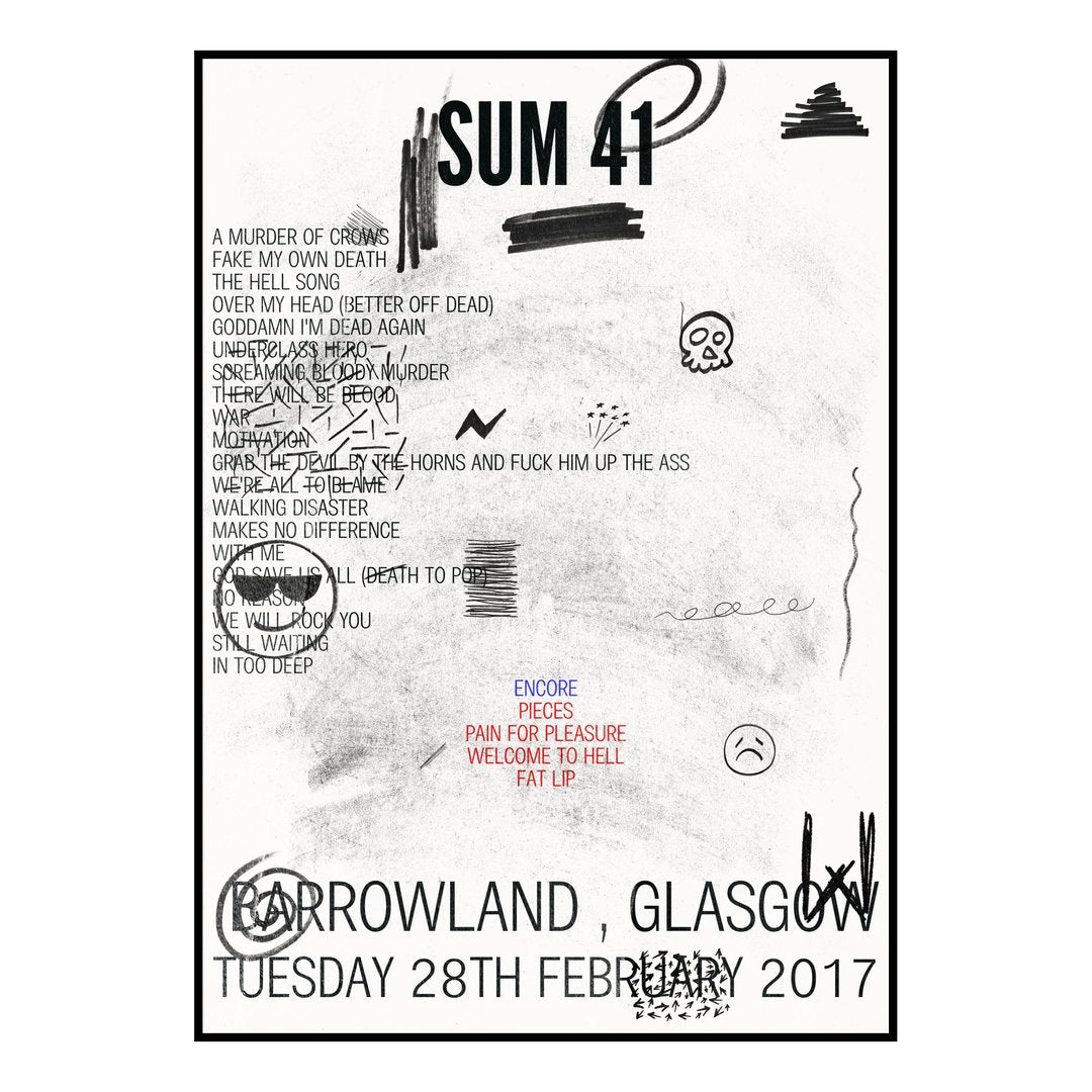 Sum 41 Glasgow 28th February 2017 Setlist poster