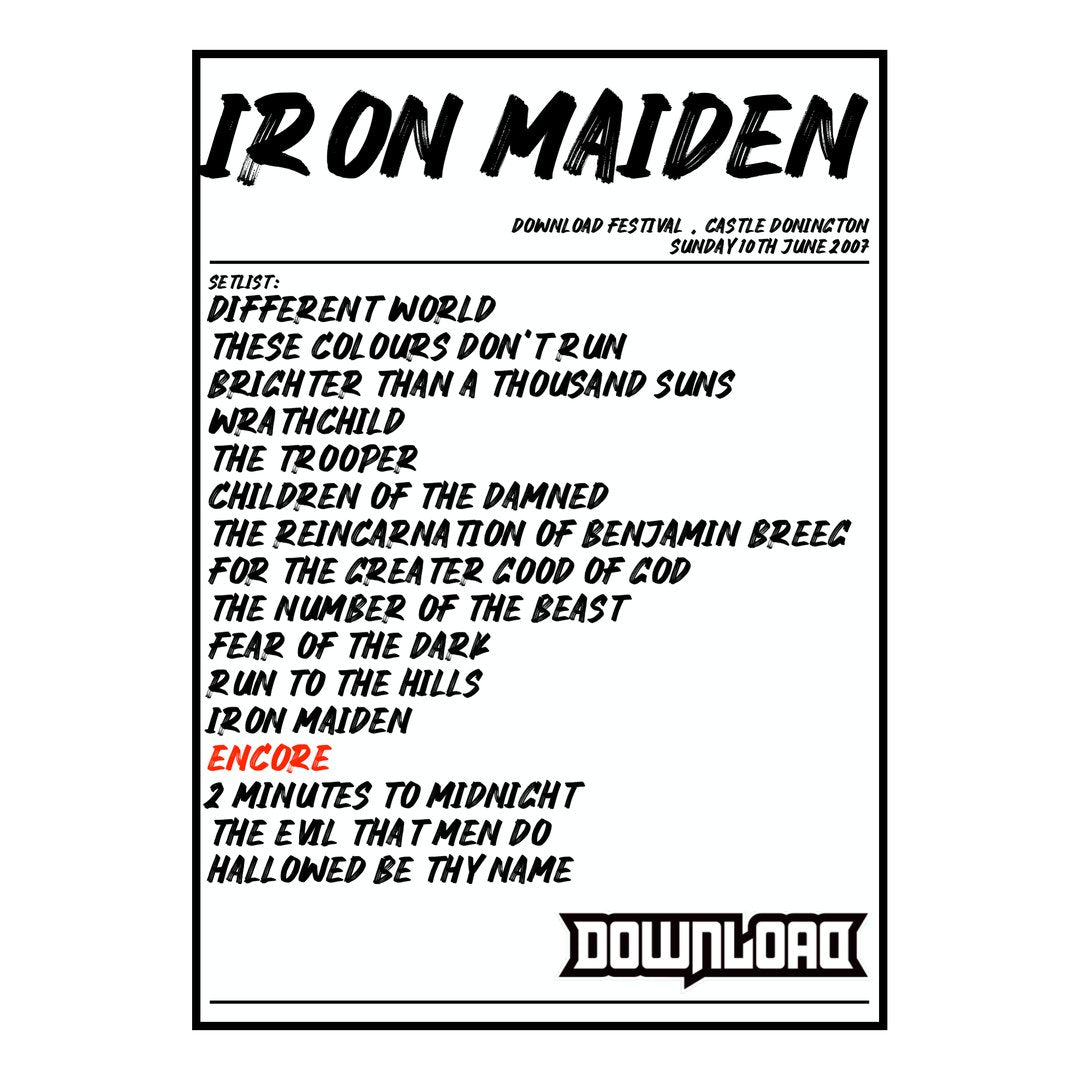 Iron Maiden Castle Donington 10th June 2007 Setlist poster