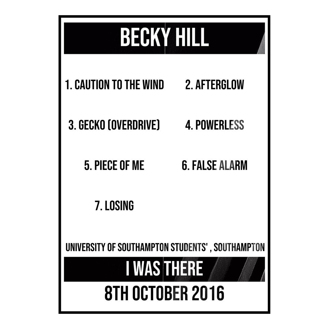 Becky Hill Southampton 8th October 2016 Setlist poster