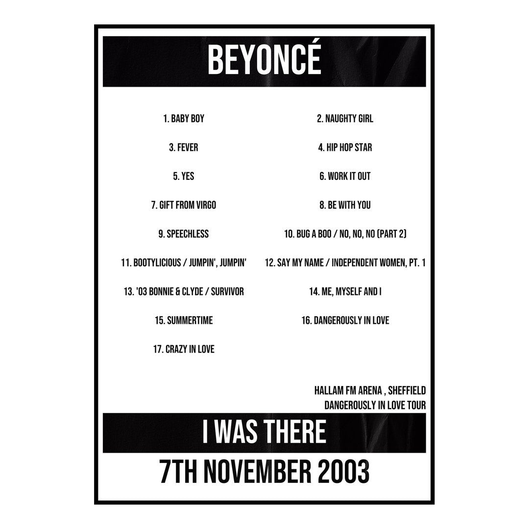 Beyoncé Sheffield 7th November 2003 Setlist poster