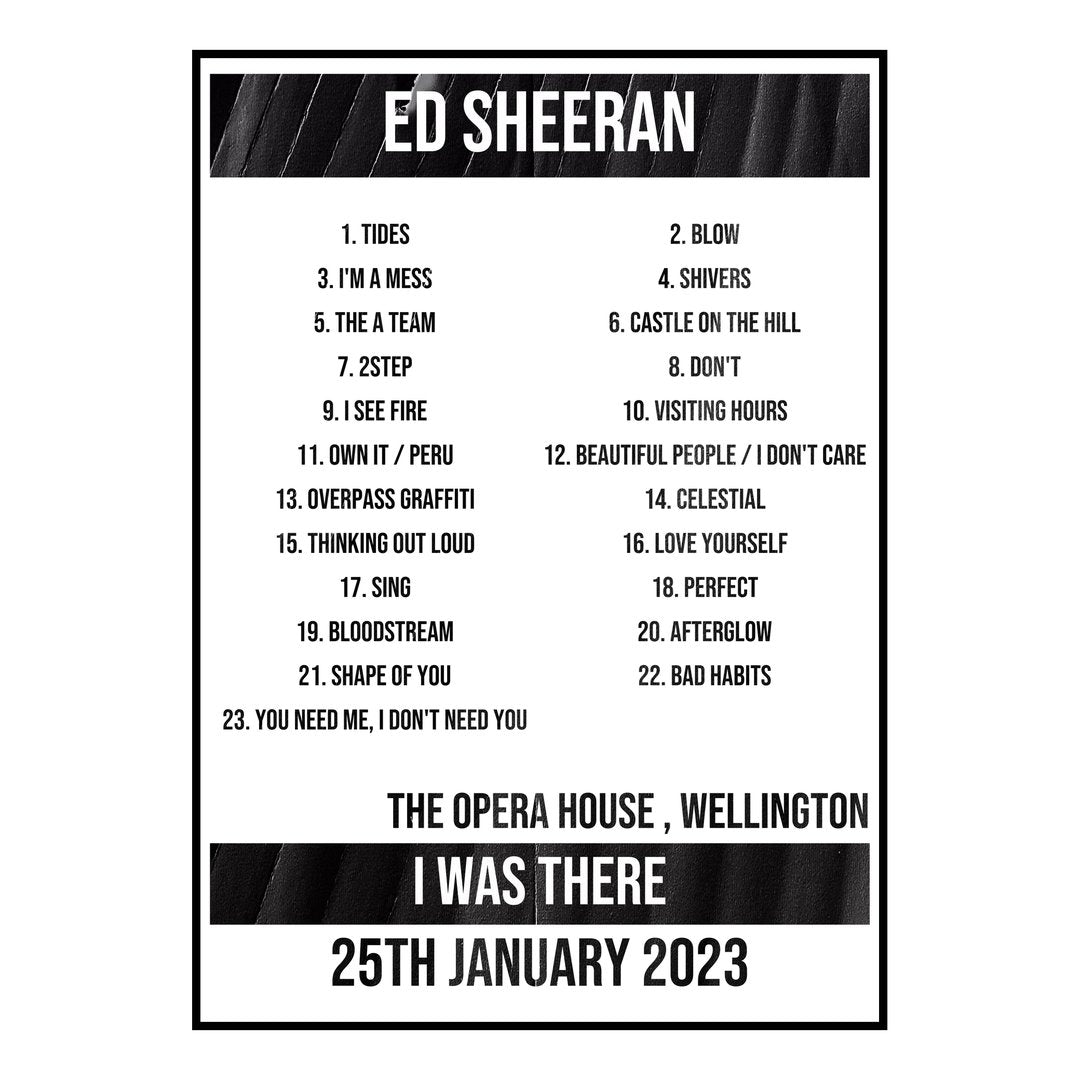 Ed Sheeran Wellington 25th January 2023 Setlist poster