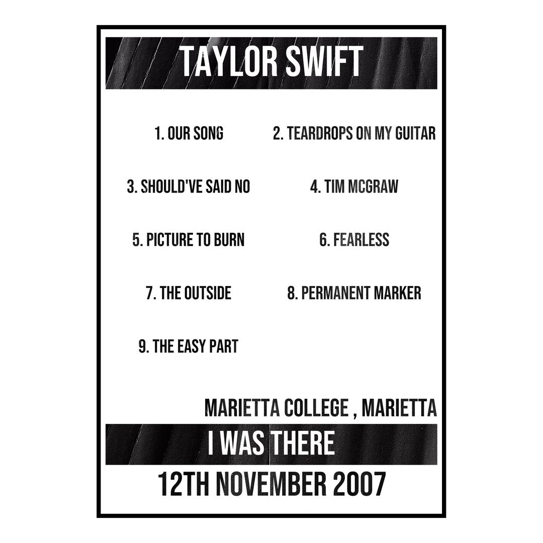 Taylor Swift Marietta 12th November 2007 Setlist poster