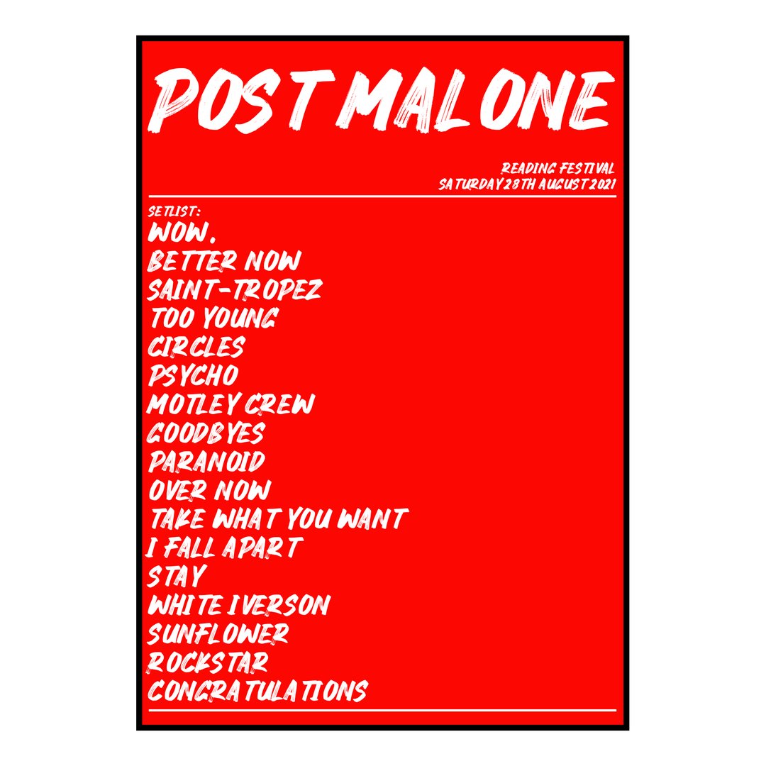 Post Malone Reading 28th August 2021 Setlist poster