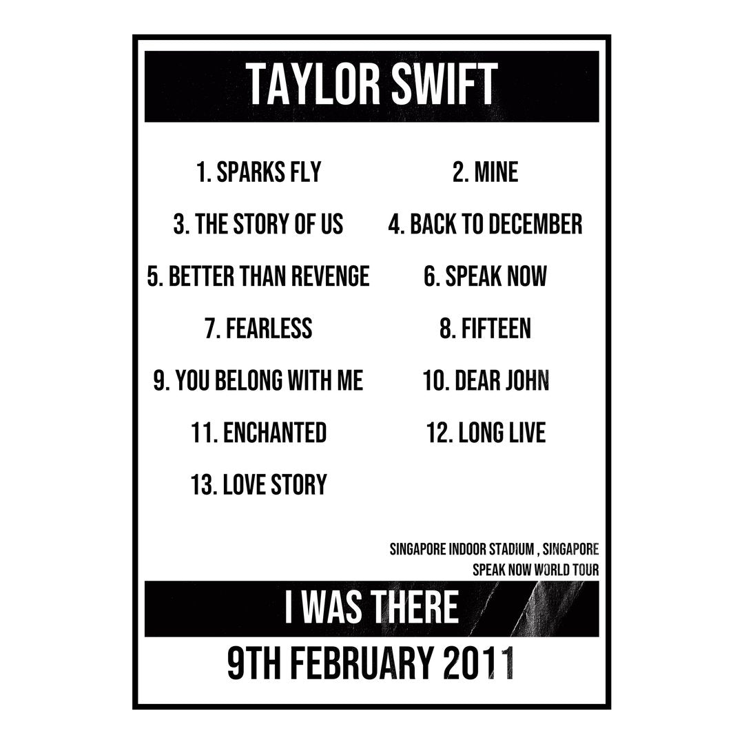 Taylor Swift Singapore 9th February 2011 Setlist poster