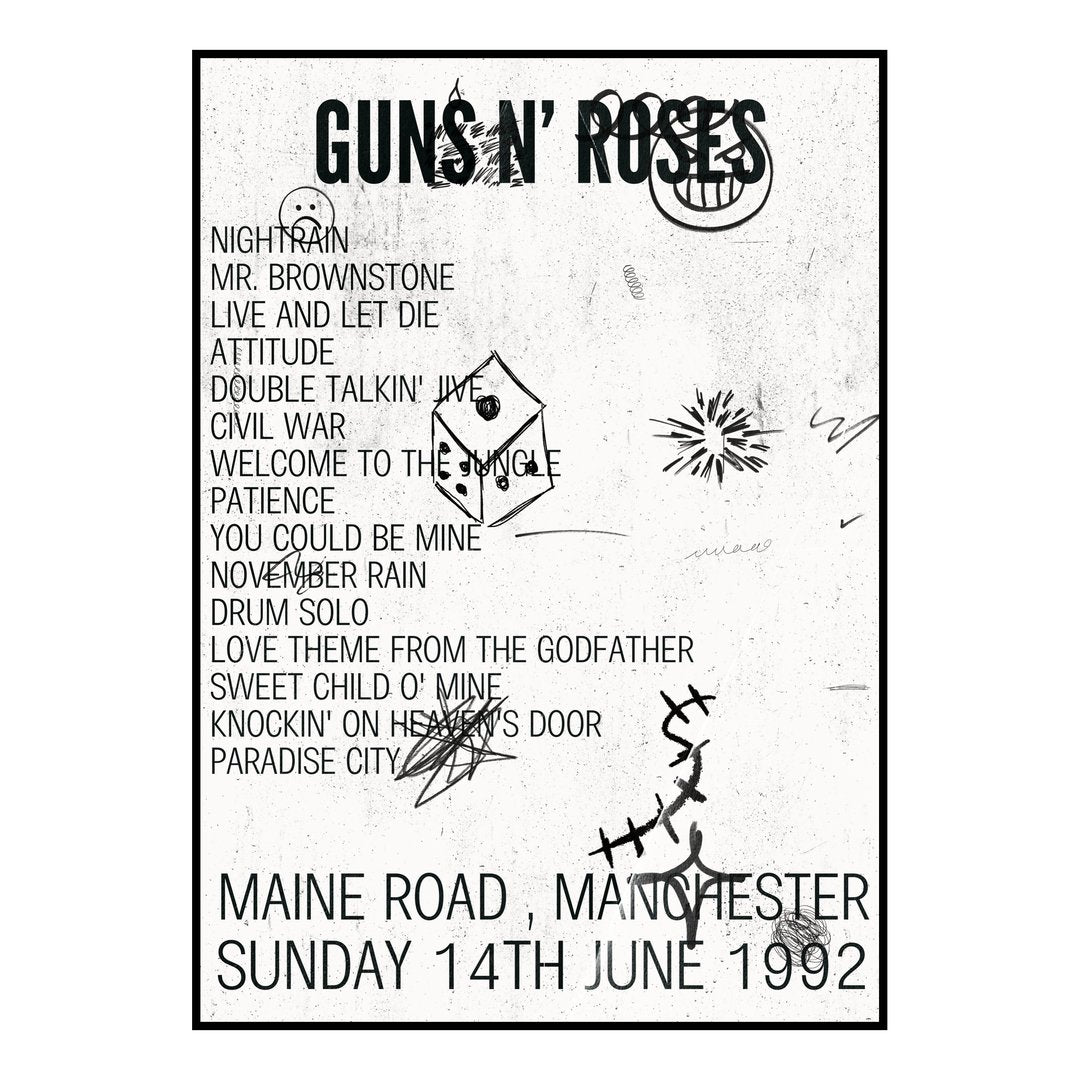 Guns N’ Roses Manchester 14th June 1992 Setlist poster