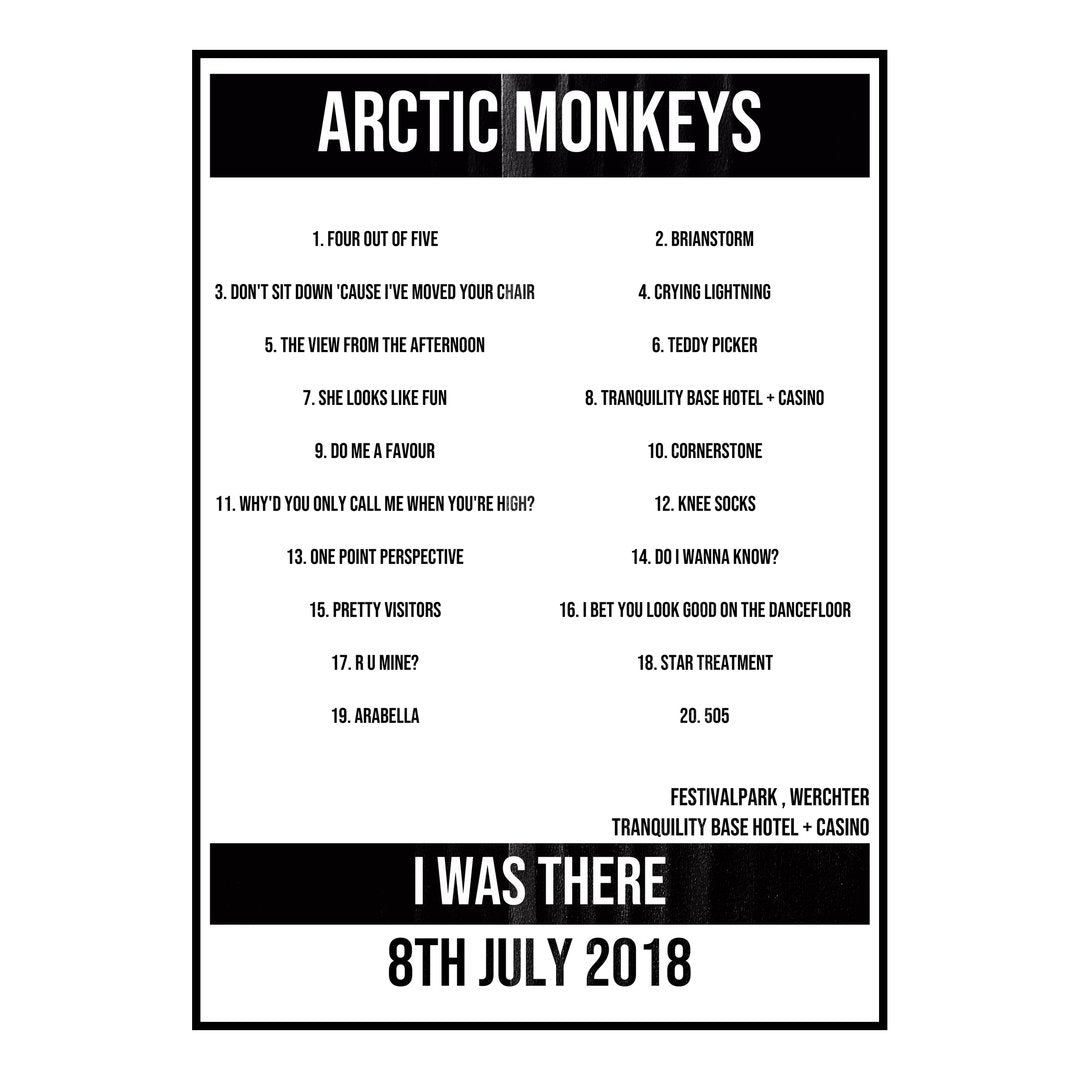 Arctic Monkeys Werchter 8th July 2018 Setlist poster