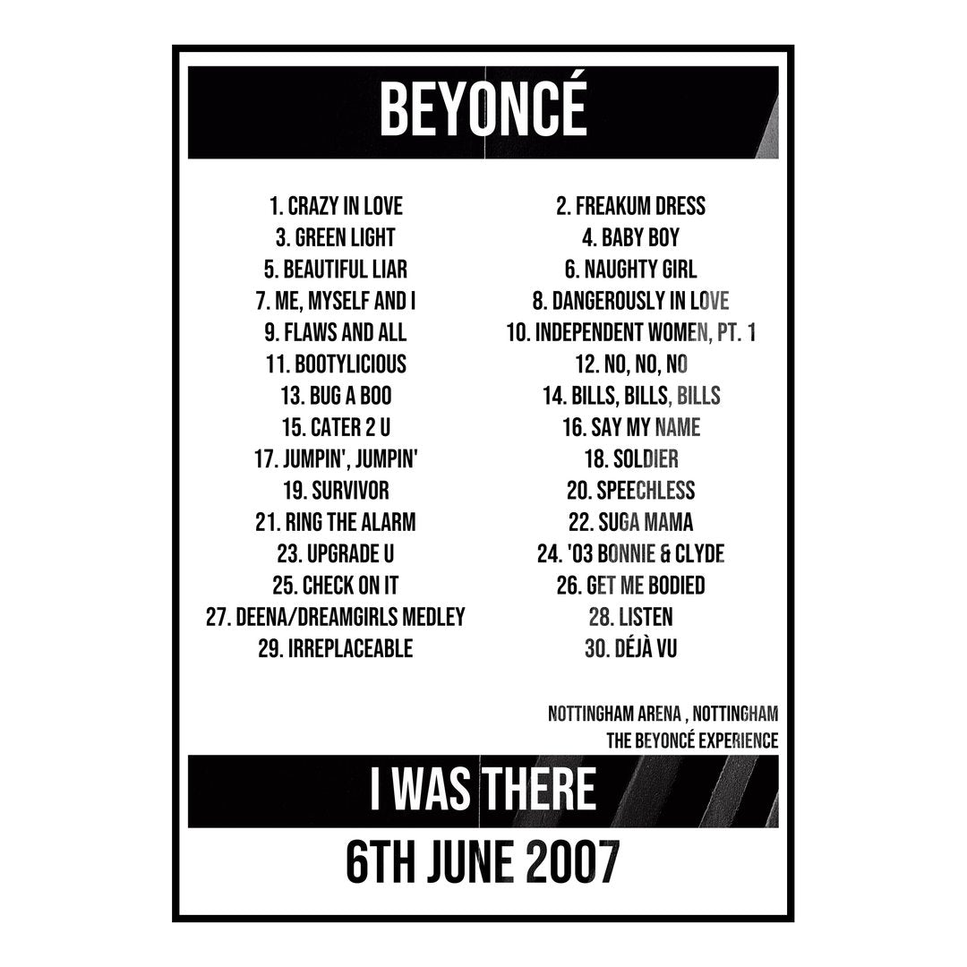 Beyoncé Nottingham 6th June 2007 Setlist poster